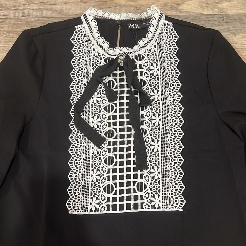 Zara NWT Black Contrast Lace Tie Front Ruffle Mini Dress S M - Picture 12 of 16